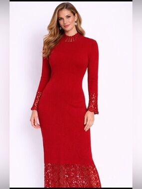Women's Red Long-Sleeve Crochet-Trim Knit Dress